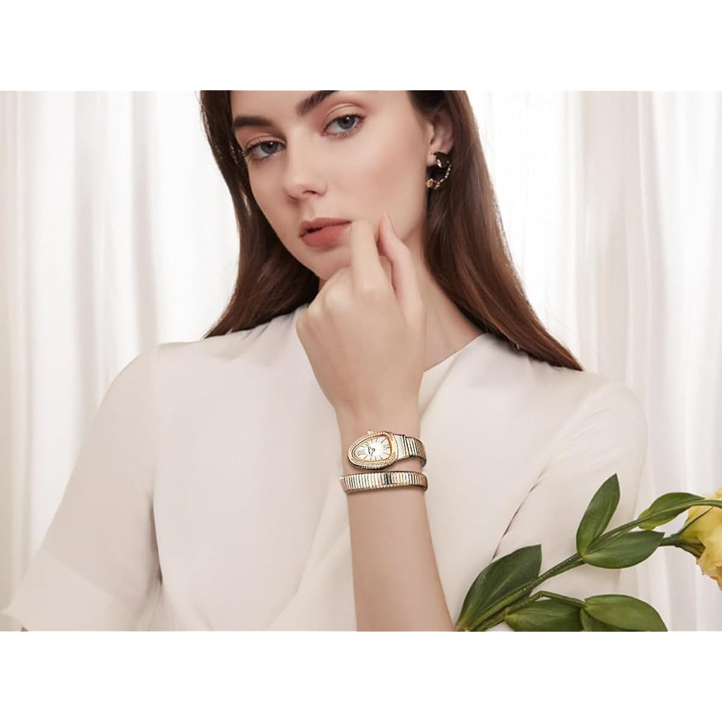 Gosasa Snake Bracelet Watch For Women, Elegant Wrap Around Bangle Wristwatch, Fashion Jewelry Style Quartz Watch, Adjustable Cuff Serpenti Watch For Dress & Gift