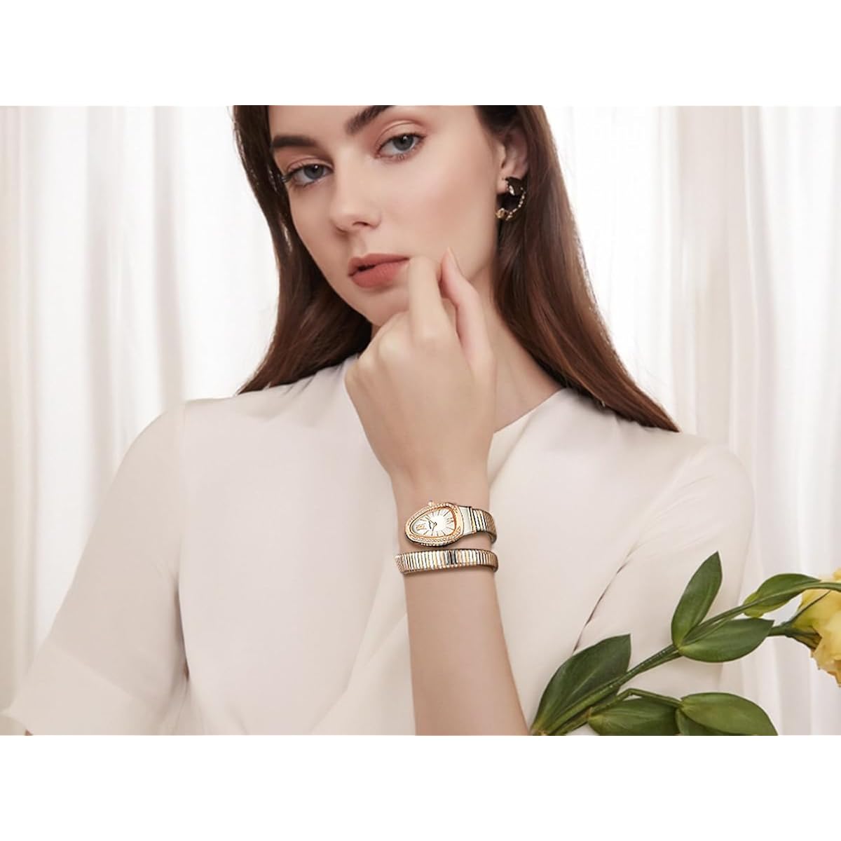 Gosasa Snake Bracelet Watch For Women, Elegant Wrap Around Bangle Wristwatch, Fashion Jewelry Style Quartz Watch, Adjustable Cuff Serpenti Watch For Dress & Gift