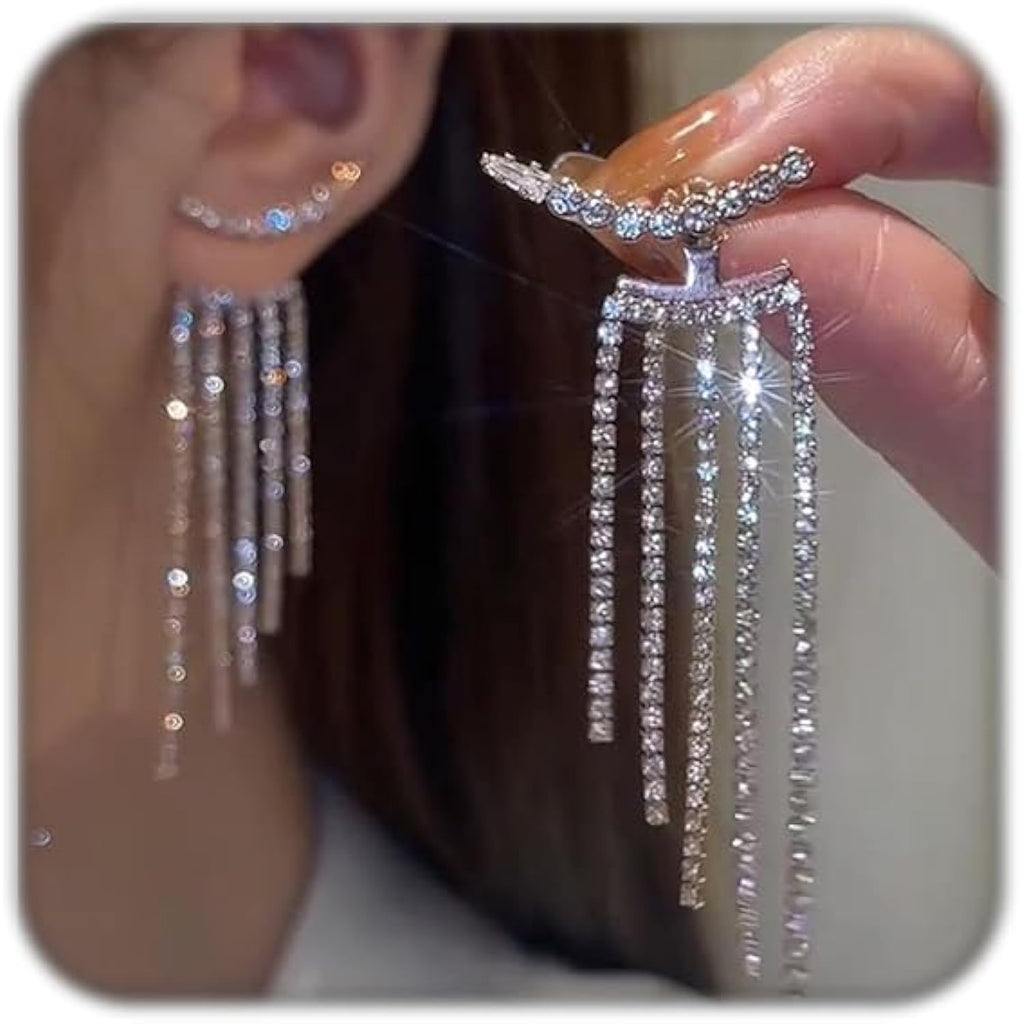 Silver Rhinestone Tassel Earrings for Women Long Tennis Prom Earrings Crystal Chain Dangle Earrings Wedding Party Jewelry (A)