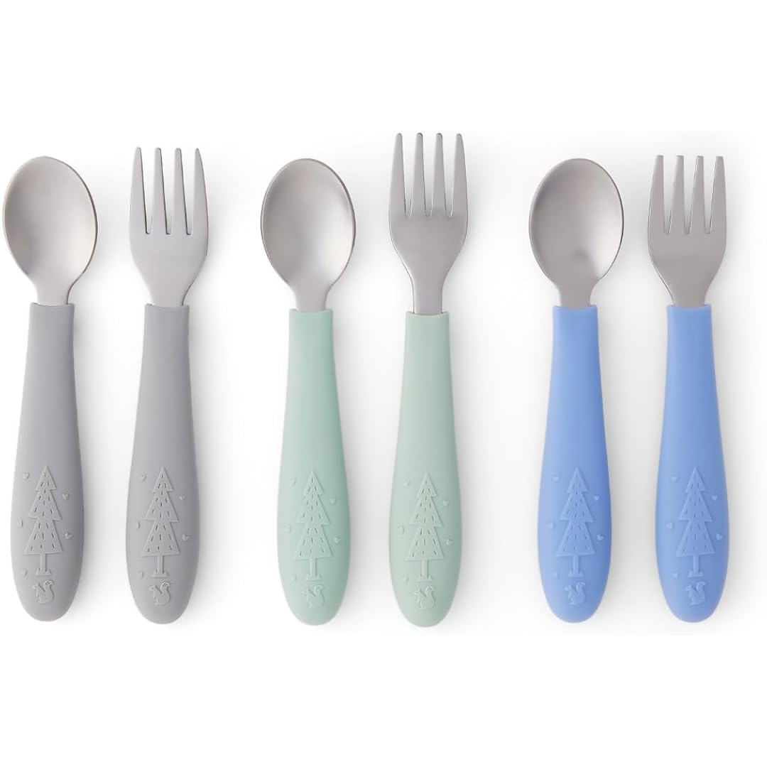 Elk and Friends Kids Silverware with Silicone Handle | Childrens Safe Flatware | Toddler Utensils | Baby Spoons + Forks | Stainless Steel Cutlery | Dishwasher Safe | 6 Pieces