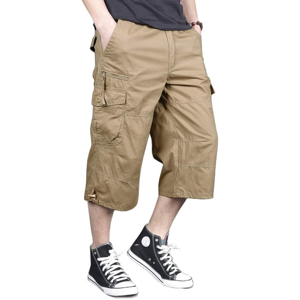 Magnivit Men'S Capri Long Elastic Cargo Shorts Below Knee Shorts 3/4 Cotton Cargo Casual Shorts With Multi-Pockets