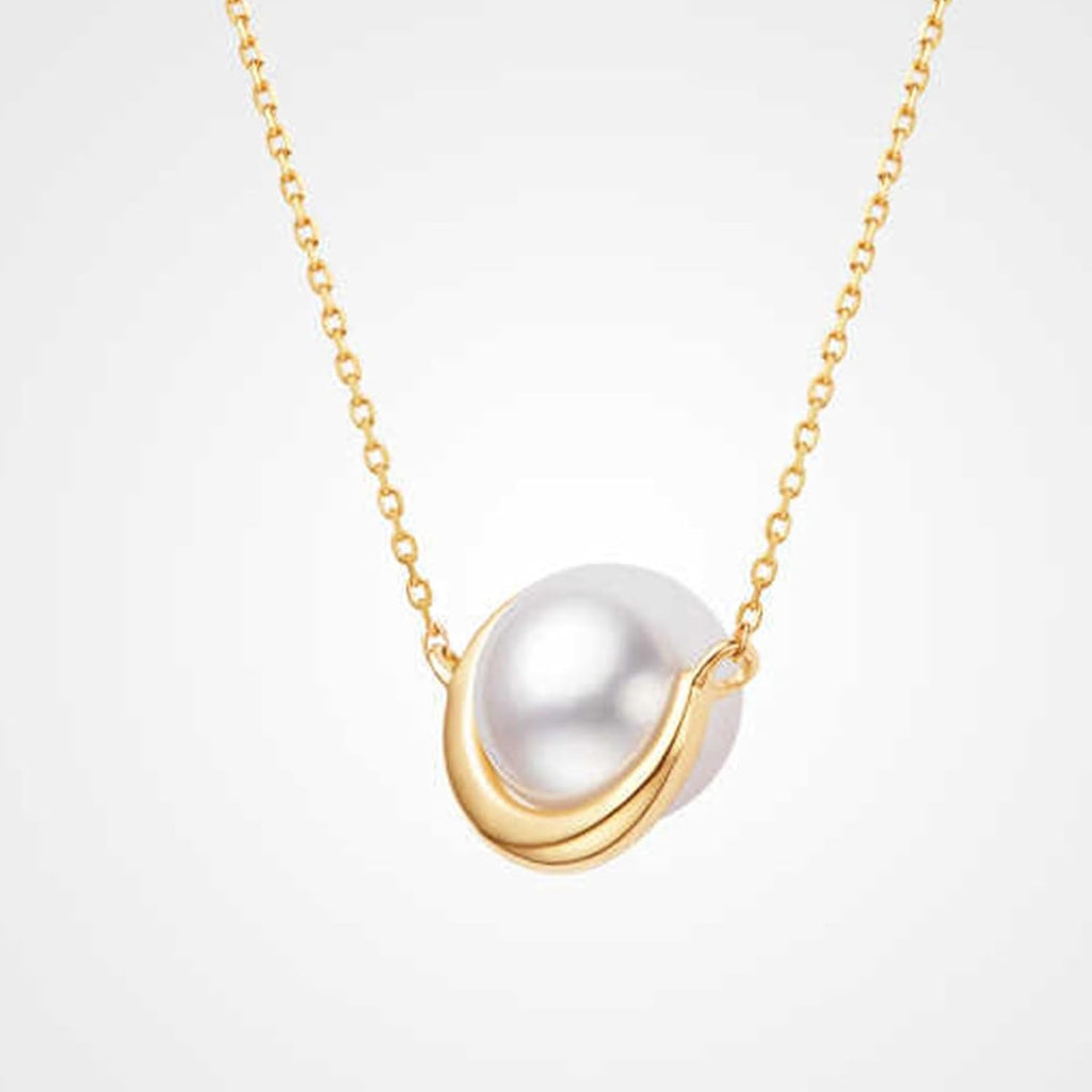 Pearl Necklace Yellow Gold 9K/14K/18K for Women, Elegant Moon Collier Necklace Real Gold with 7.5-8mm Saltwater Pearl and Diamonds