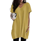 Summer Womens Tunic Tops For Leggings With Pockets Vneck Short Sleeve Casual Long T Shirts S-3Xl