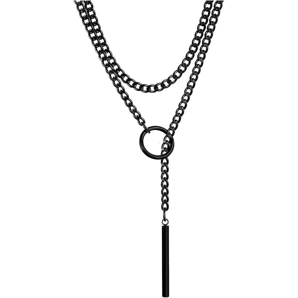 Black Stain Steel Lariat Y Necklaces Wrap Choker Necklace Punk Gothic Bar Pendant Cuban Link O Ring Long Black Necklaces Adjustable Slip Chain Necklace Halloween Jewelry Gift for women