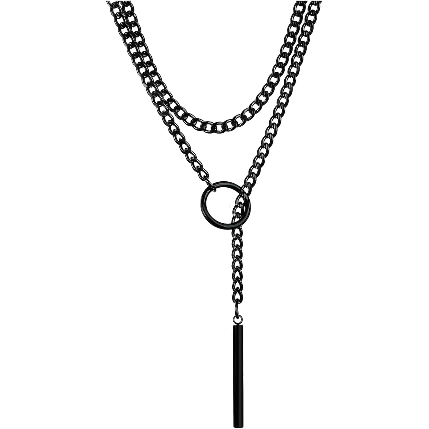 Black Stain Steel Lariat Y Necklaces Wrap Choker Necklace Punk Gothic Bar Pendant Cuban Link O Ring Long Black Necklaces Adjustable Slip Chain Necklace Halloween Jewelry Gift for women