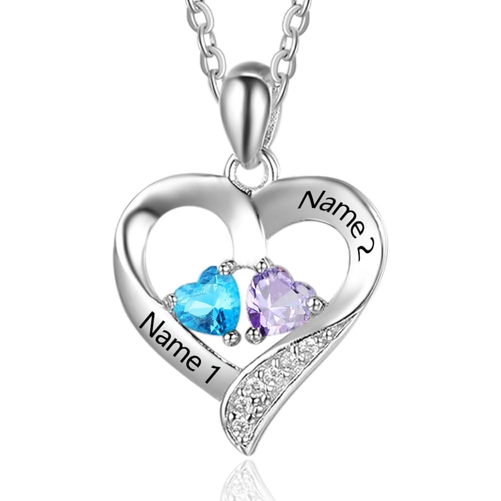 Lam Hub Fong Personalized Birthstone Necklace for Mom - Custom Name Necklace with Heart Pendant - Sterling Silver Family Jewelry Gifts for Women, Grandma, Daughter - Mothers Day Birthday Gifts