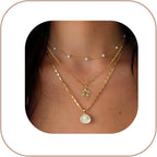 Charm Necklaces for Women,14k Gold Plated Waterproof Dainty Choker Necklace Summer Seashell Pearl Beach Cute Necklaces Set Fashion Jewelry Gift