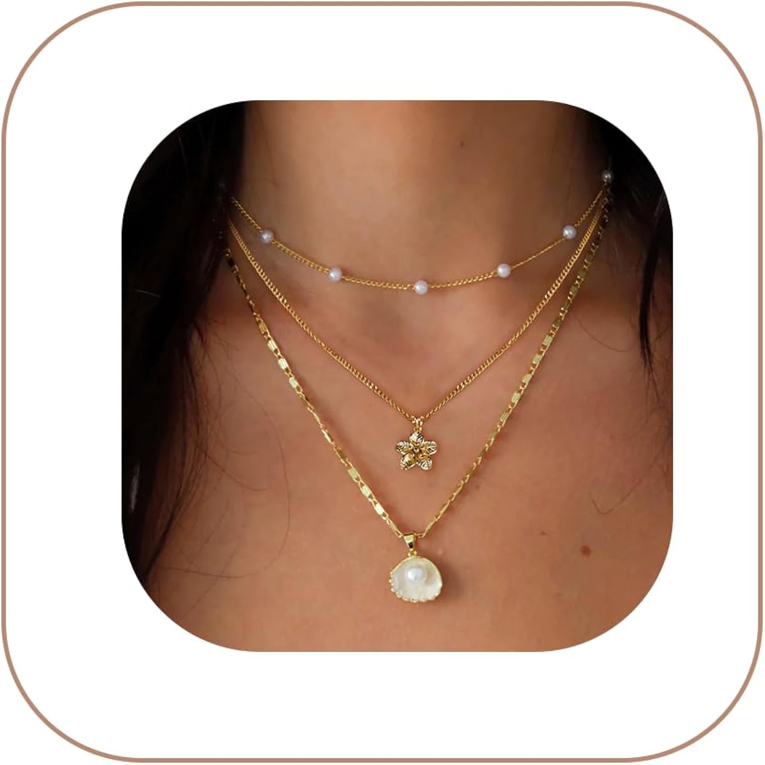 Charm Necklaces for Women,14k Gold Plated Waterproof Dainty Choker Necklace Summer Seashell Pearl Beach Cute Necklaces Set Fashion Jewelry Gift