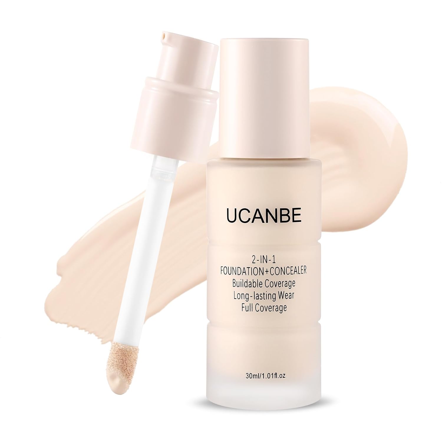 UCANBE 2-IN-1 Foundation + Concealer, Full Coverage Long-Lasting Matte Makeup for Normal, Combination and Oily Skin, Buildable Waterproof Formula with Hyaluronic Acid （01 Fair Ivory）