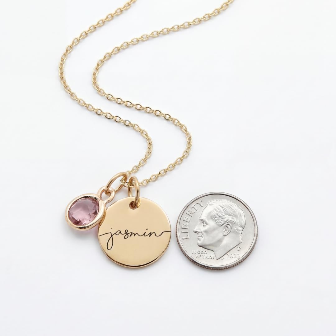MignonandMignon Personalized Name Necklace with Birthstone | Custom Engraved Pendant Necklace for Women | Tarnish-Free Gold Dainty Jewelry Mom Birthday Gifts | Necklace with Kids Names for Grandma