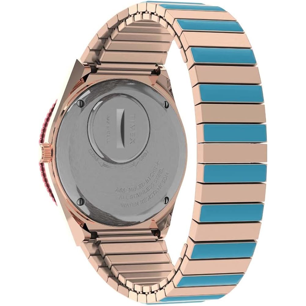 Timex Q Malibu Women'S 36Mm Watch – Gold-Tone Case Black Dial With Orange & Gold-Tone Stainless Steel Expansion Band
