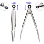 304 Stainless Steel Kitchen Cooking Tongs, 9" And 12" Set Of 2 Sturdy Grilling Barbeque Brushed Locking Food Tongs With Ergonomic Grip, Black