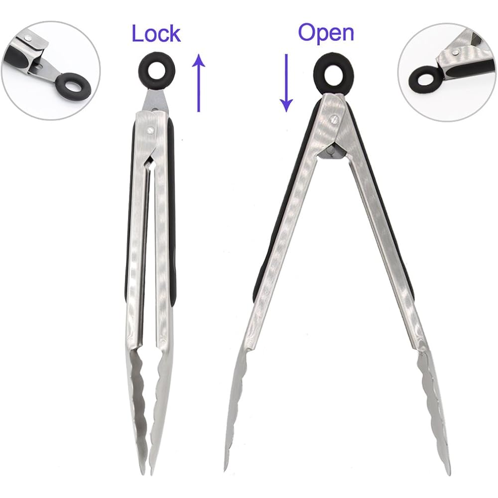 304 Stainless Steel Kitchen Cooking Tongs, 9" And 12" Set Of 2 Sturdy Grilling Barbeque Brushed Locking Food Tongs With Ergonomic Grip, Black