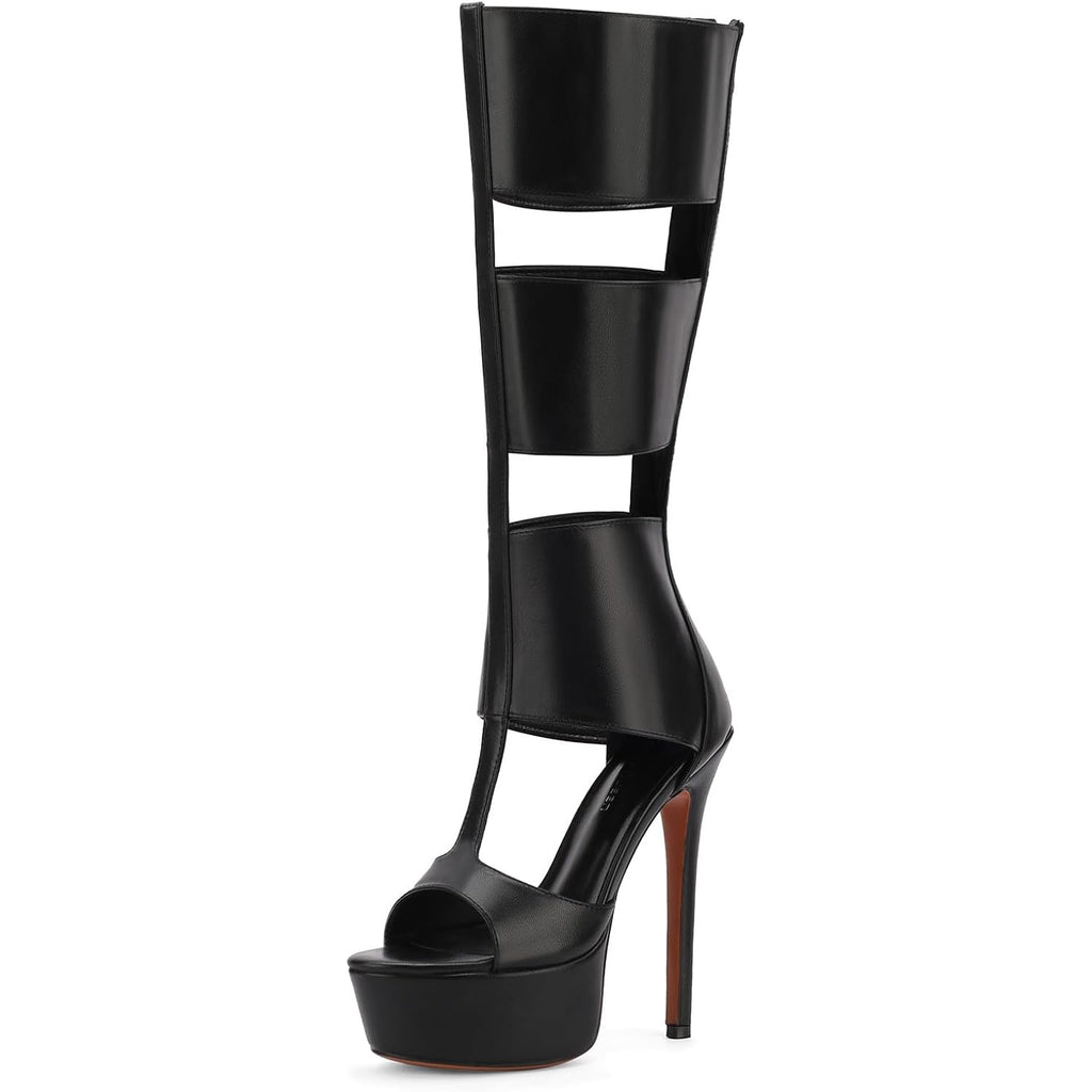 Fancyqueen Platform Knee High Sandals For Women, Gladiator Open Toe Summer Booties Black Heels Sandal Boots, Sexy Style Casual For Party