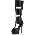 Fancyqueen Platform Knee High Sandals For Women, Gladiator Open Toe Summer Booties Black Heels Sandal Boots, Sexy Style Casual For Party