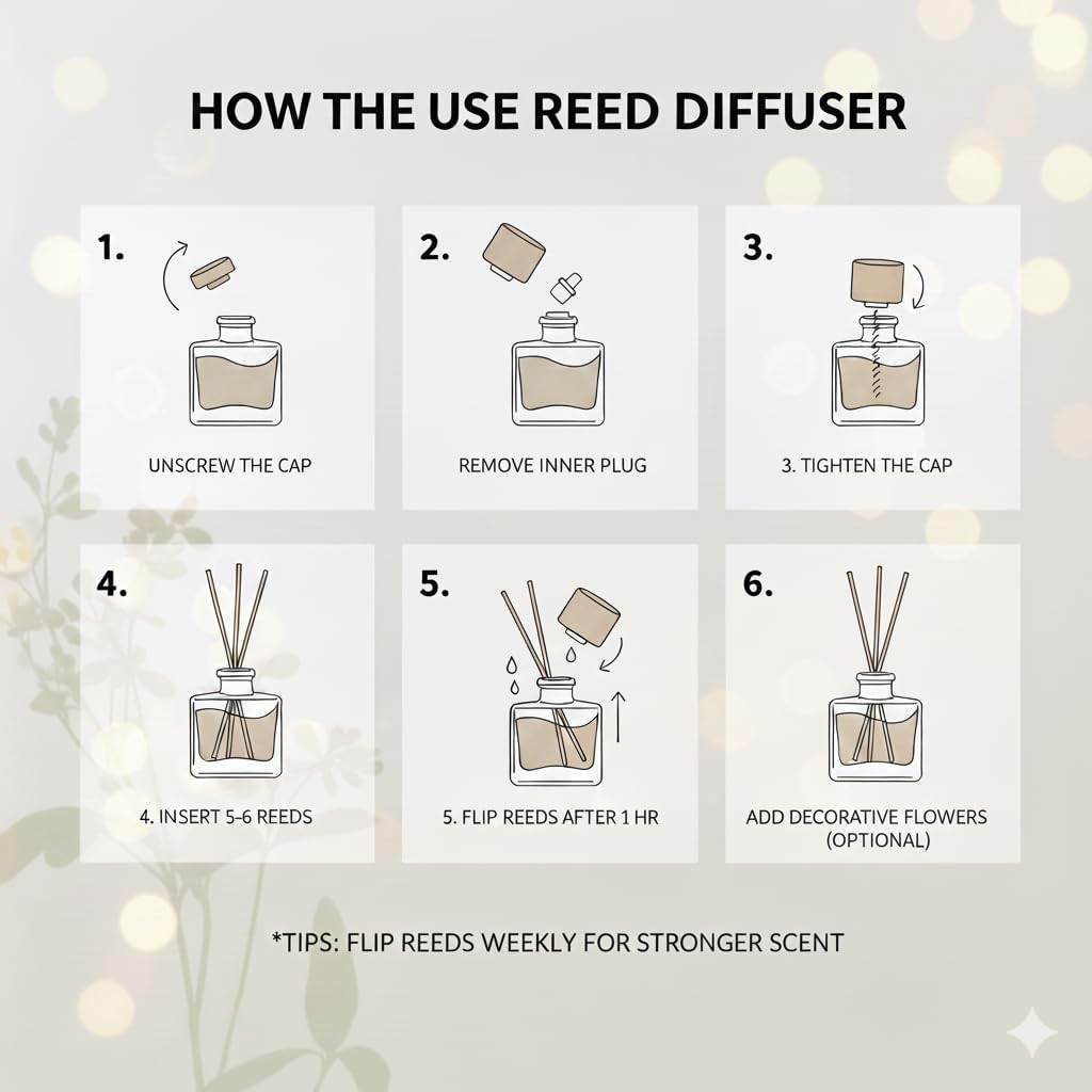 Reed Diffuser Set - Vanilla Coconut Oil, Oil Diffuser Sticks, Bathroom Diffuser, Bathroom Shelf Decor, 200Ml With Preserved Flowers - Peanäk
