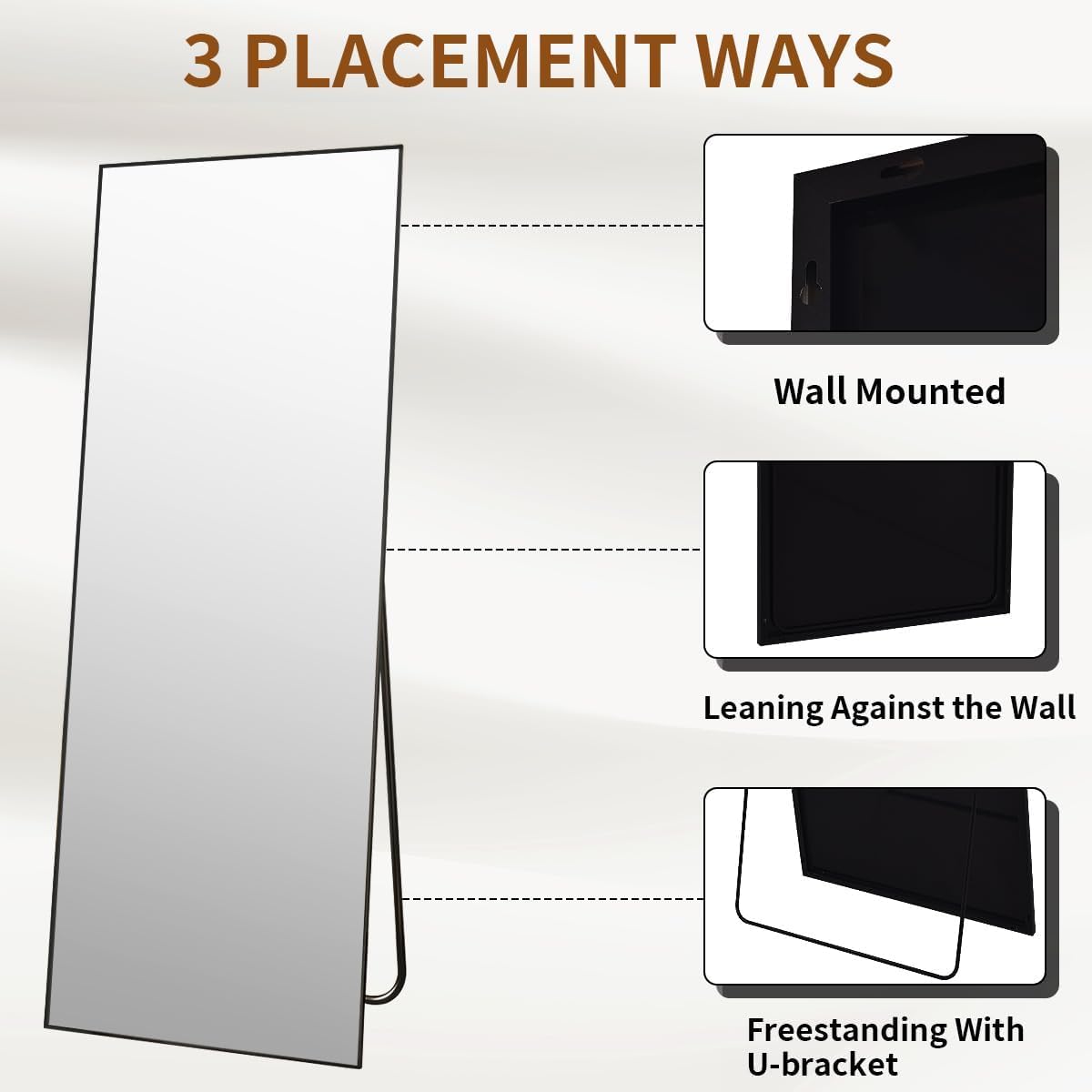 Mirror Full Length - 21" X 57" Floor Mirror With Stand, Aluminum Alloy Frame Full Body Mirror, Standing Hanging Or Leaning Against Wall For Bedroom And Living Room, Black
