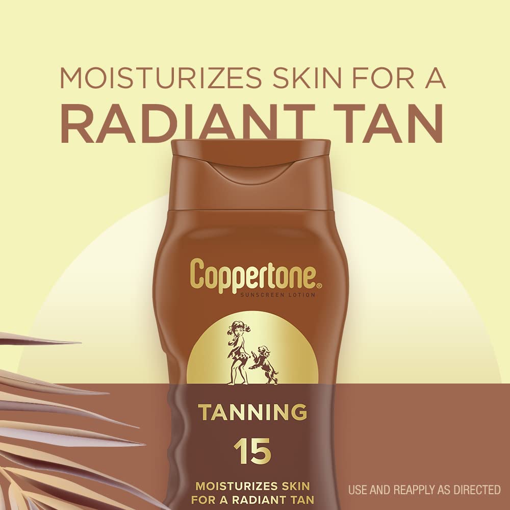 Coppertone Tanning Sunscreen Lotion, SPF 15, Lightweight and Non Greasy Sunscreen, Water Resistant, Oxybenzone Free, Sun Tan Lotion Moisturizes Skin for a Radiant Tan, 8 Fl Oz Bottle