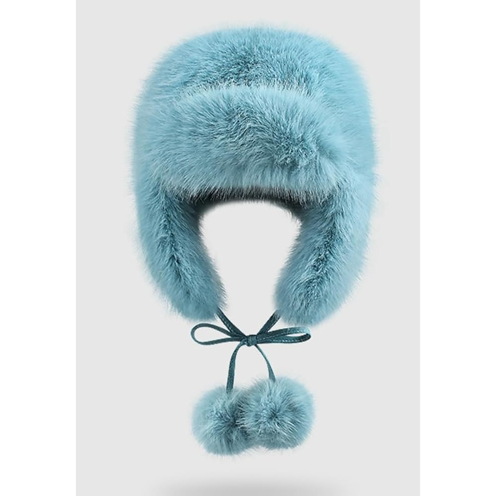 Women Faux Fur Trapper Hat Fuzzy Ushanka Hat Long Pile Faux Fur with Pom Pom Winter Warm Hat Ski Hat Outdoor