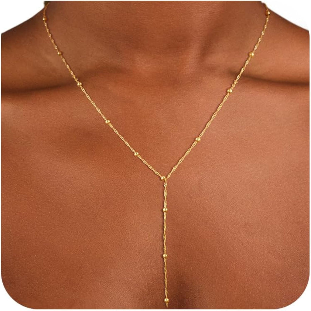CAROVO Gold Necklace for Women Dainty Long Necklace 14K Gold/Silver Lariat Y-Shaped Pendant Necklaces Trendy Layered Lip Cubic Zirconia Beaded Chain Drop Necklaces Jewelry for Women Gifts