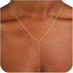 CAROVO Gold Necklace for Women Dainty Long Necklace 14K Gold/Silver Lariat Y-Shaped Pendant Necklaces Trendy Layered Lip Cubic Zirconia Beaded Chain Drop Necklaces Jewelry for Women Gifts