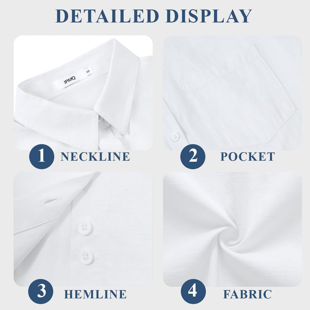 Womens Button Down Shirts Short Sleeve Linen Style Cotton Collared Button Up Casual Blouses Oversized Tops With Pocket