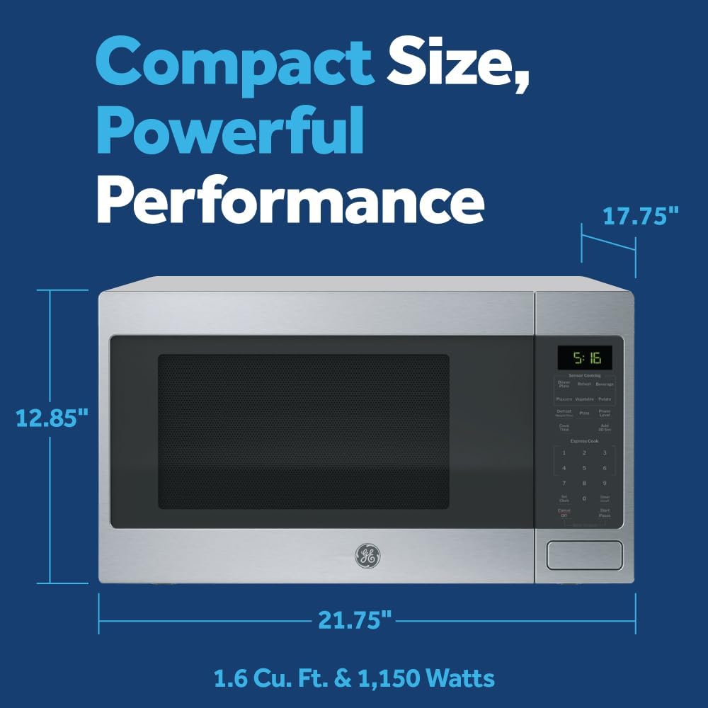 Ge Countertop Microwave Oven, 1150 Watt, 1.6 Cu. Ft., Stainless Steel | 8 Convenience Cook Settings, One-Touch Controls, Child Lock Technology, Glass Turntable, For Kitchen, Dorm, Office, Apartment