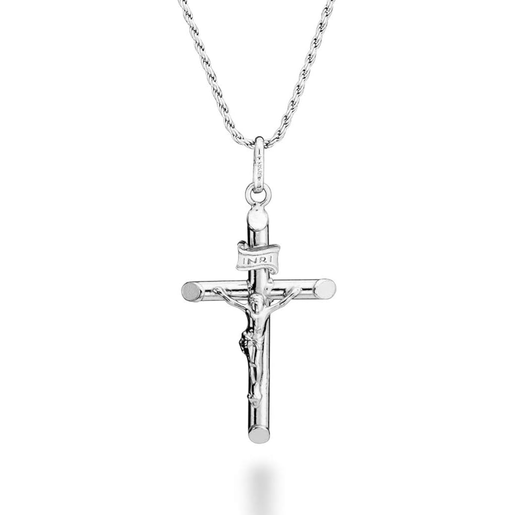 Miabella Rhodium Plated 925 Sterling Silver Small or Large Crucifix Necklace for Men Women, Cross Pendant with Rope Chain, Made in Italy
