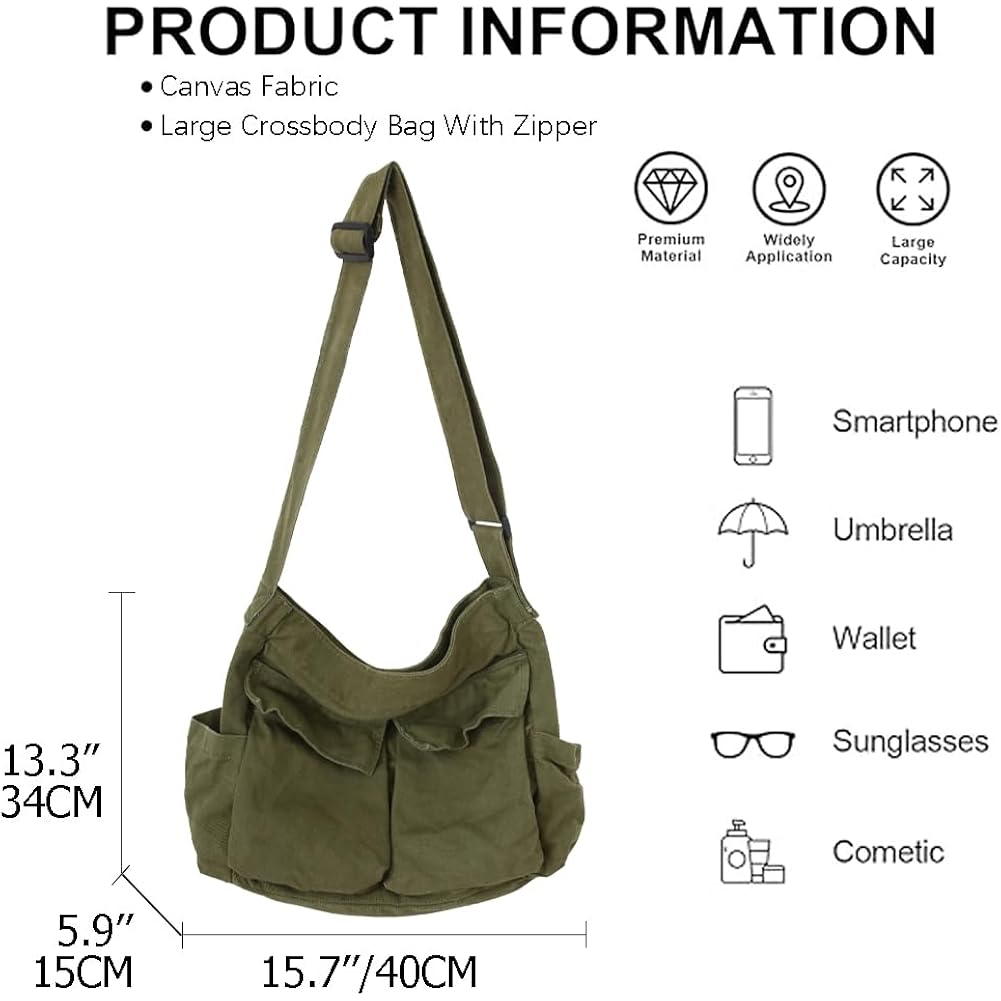 KlaOYer Canvas Messenger Bag Large Hobo Bag Crossbody Shoulder Bag Tote Bag with Pocket for Women and Men