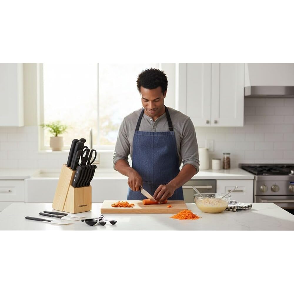 Farberware Knife Block Set 22-Piece Kitchen Knife Set With High-Carbon Stainless Steel Blades, Non-Slip Handles, Chef Knife, Santoku, Steak Knives, Scissors, Sharpening Steel, And Storage Block