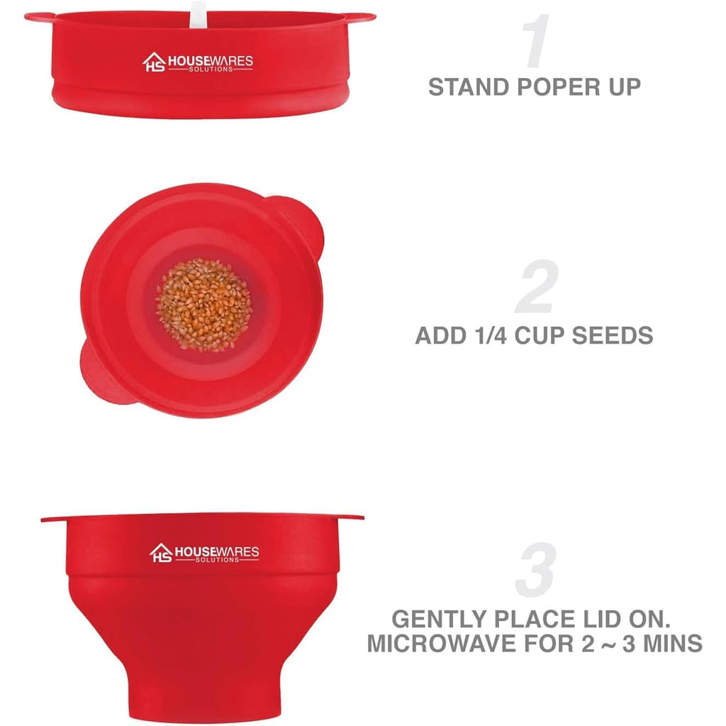 Collapsible Silicone Microwave Hot Air Popcorn Popper Bowl With Lid And Handles - Red