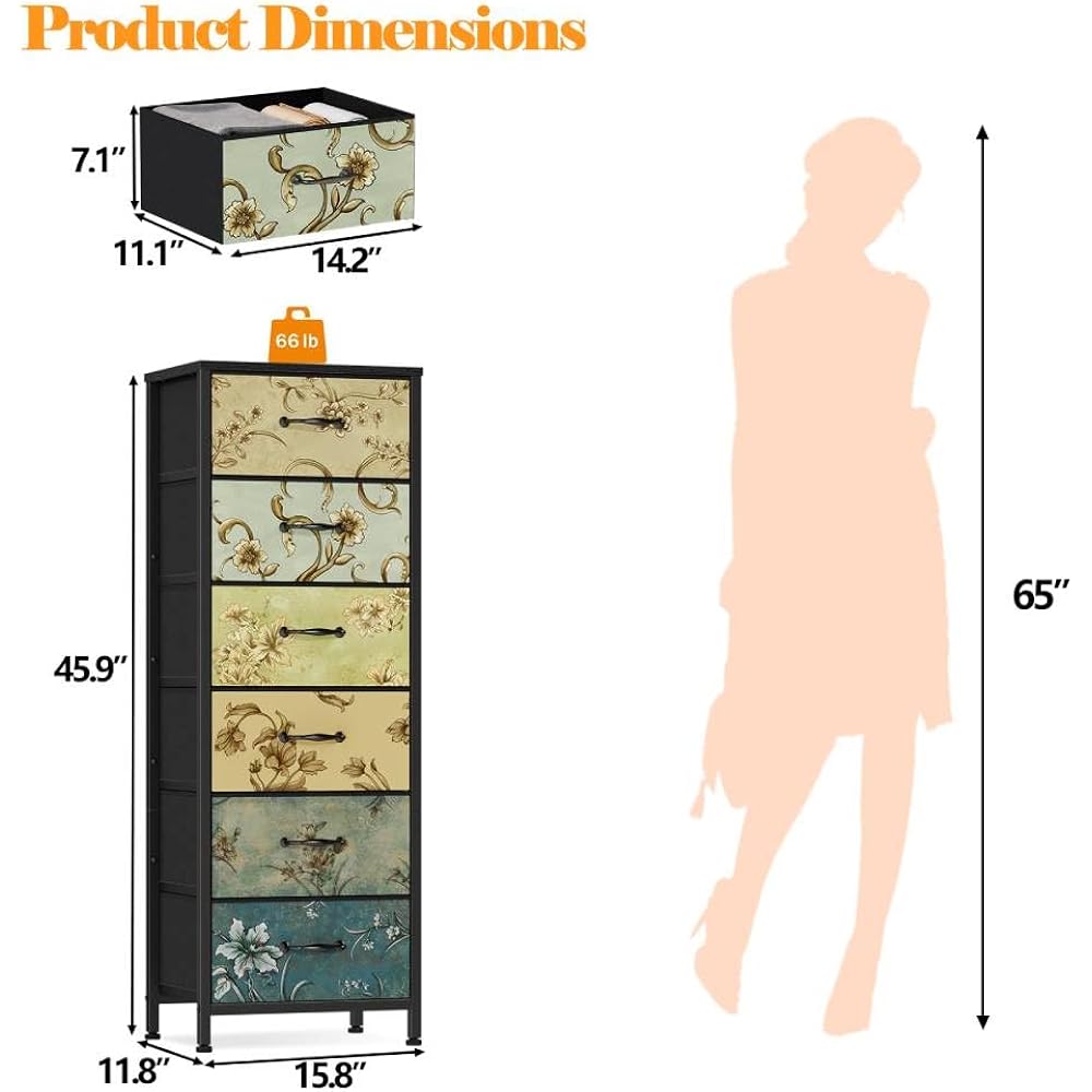 Tall 6 Drawers Dresser, Vintage Storage Organizer Unit With Fabric Bins For Bedroom, Living Room, Closet, Nusery, Dorm, Entryway, Bedside Furniture, Sturdy Metal Frame, Wood Top