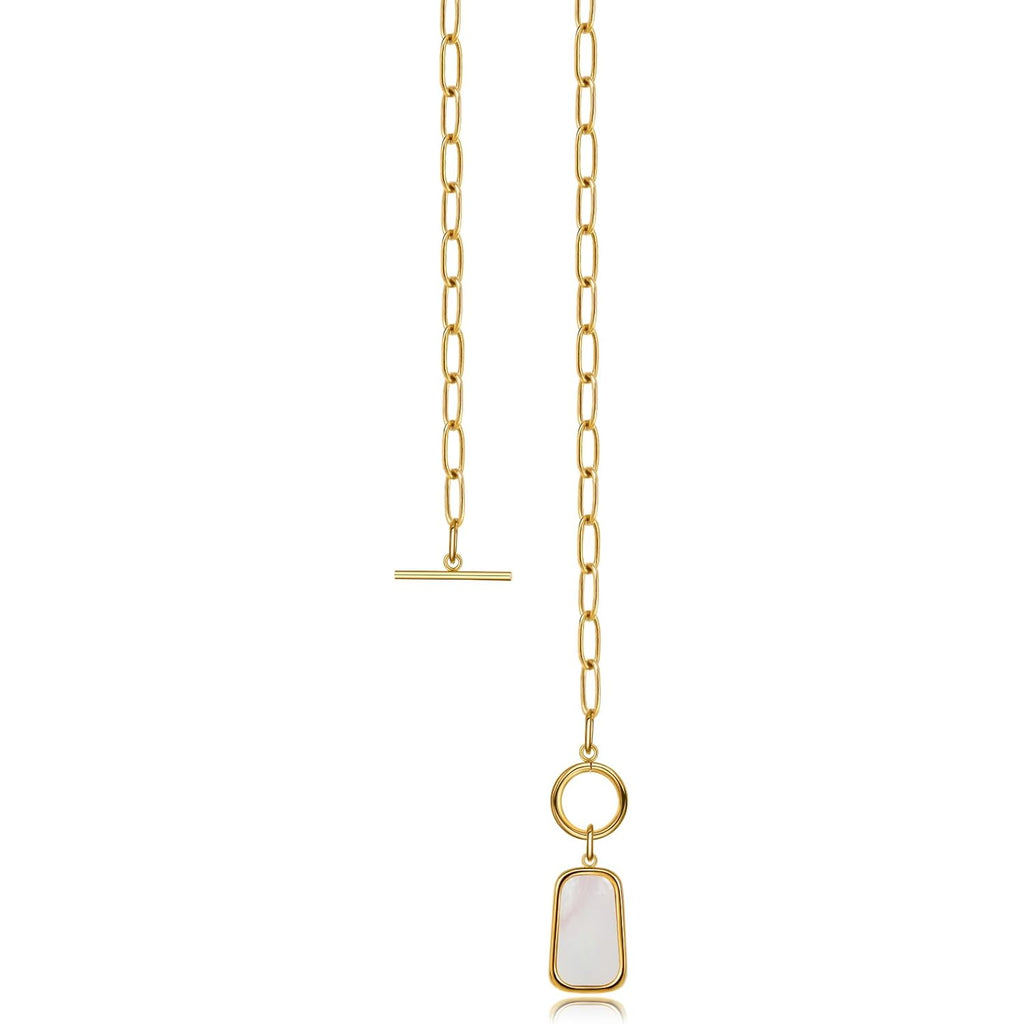 Natural White Sea Shell OT Clasp Long Plate Pendant Necklace For Women Trendy Elegant in Color and Luster Titanium Steel Electroplated with 18K Gold Necklace