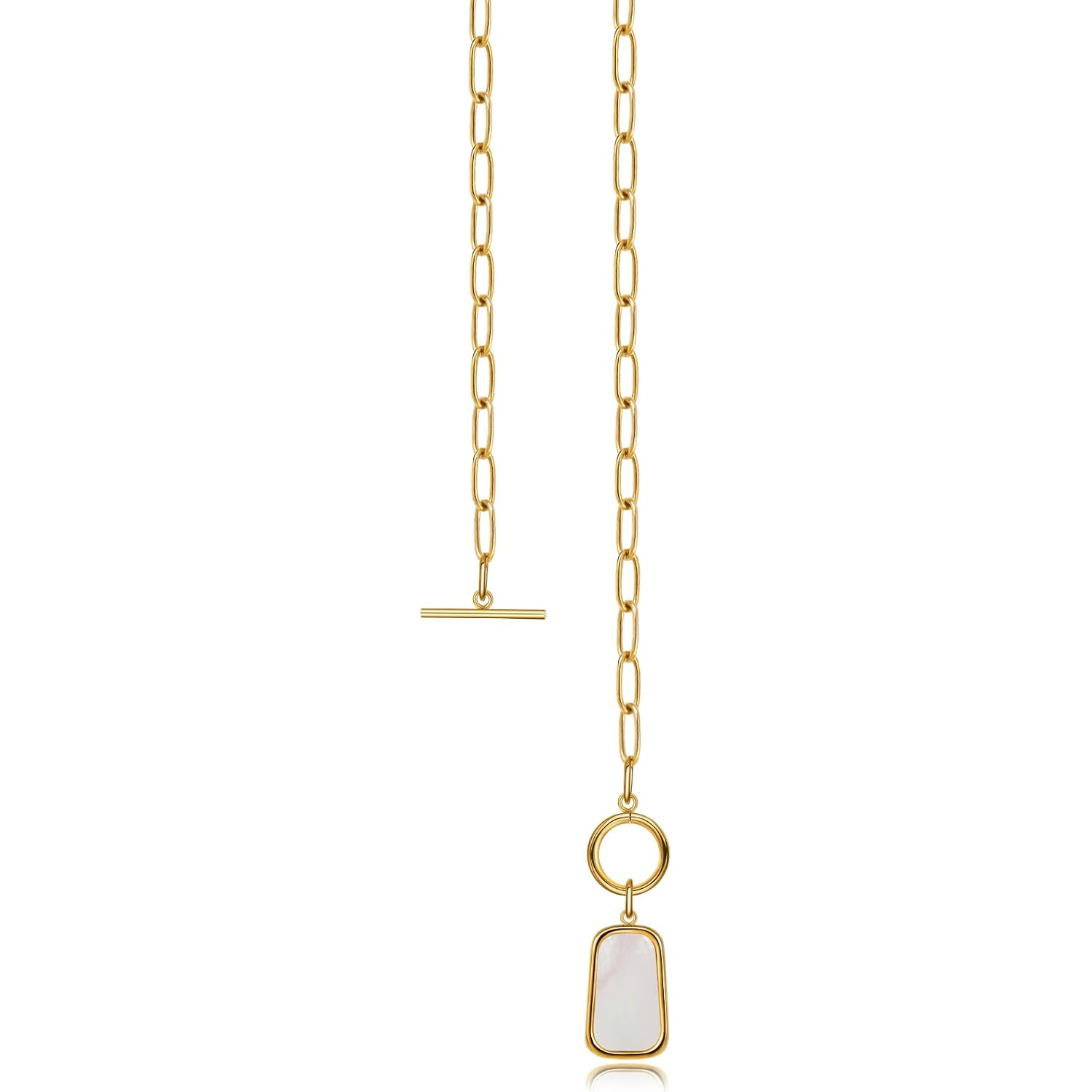 Natural White Sea Shell OT Clasp Long Plate Pendant Necklace For Women Trendy Elegant in Color and Luster Titanium Steel Electroplated with 18K Gold Necklace