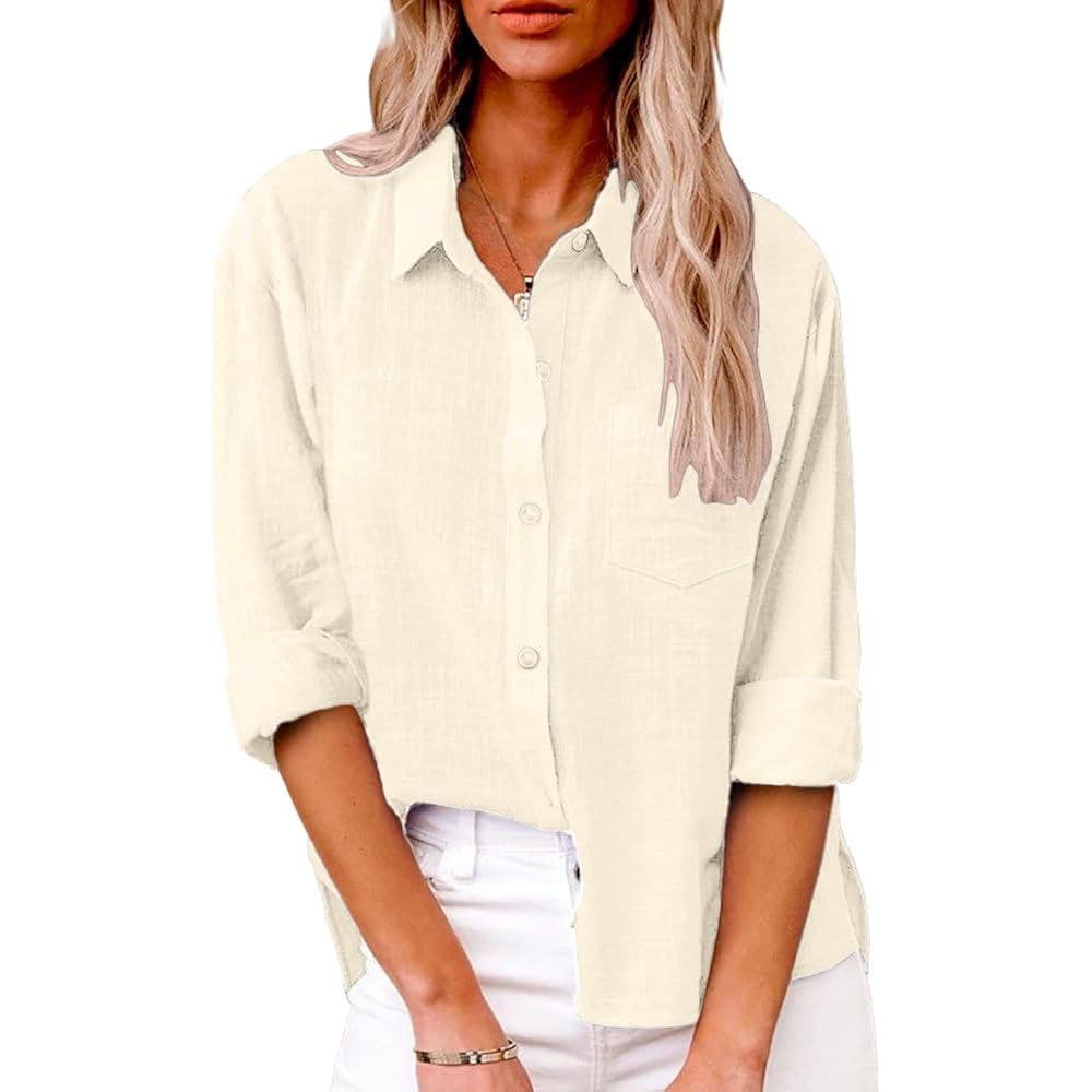 Womens Summer Linen Shirts Casual Button Down 2026 Long Sleeve Cotton Top Blouse Shirt with Pocket