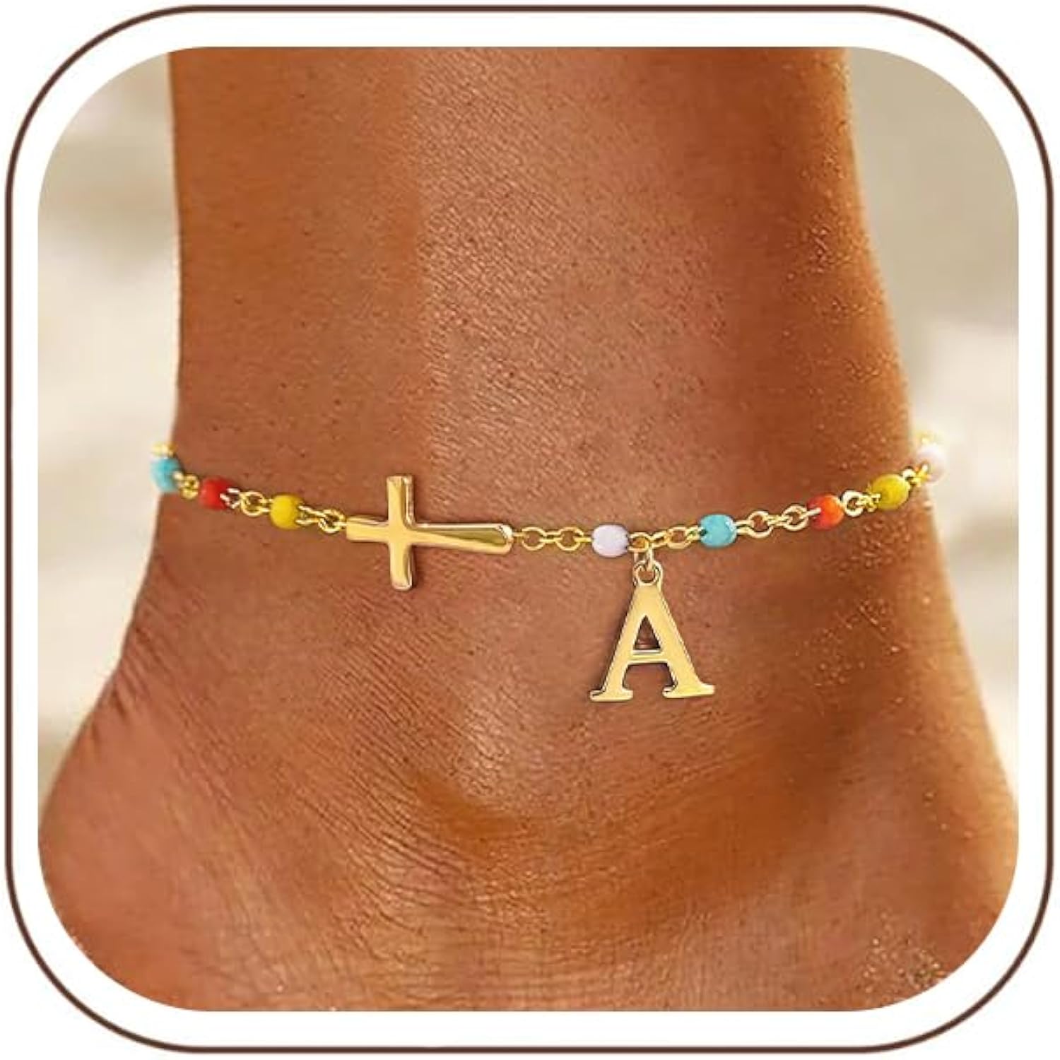 TOBENY Ankle Bracelets for Women Waterproof 14K Gold Plated A-Z Initial Cross Anklet Colorful Hypoallergenic Letter Anklets for Women Non Tarnish Summer Beach Jewelry Gift for Daughter Mom Sister