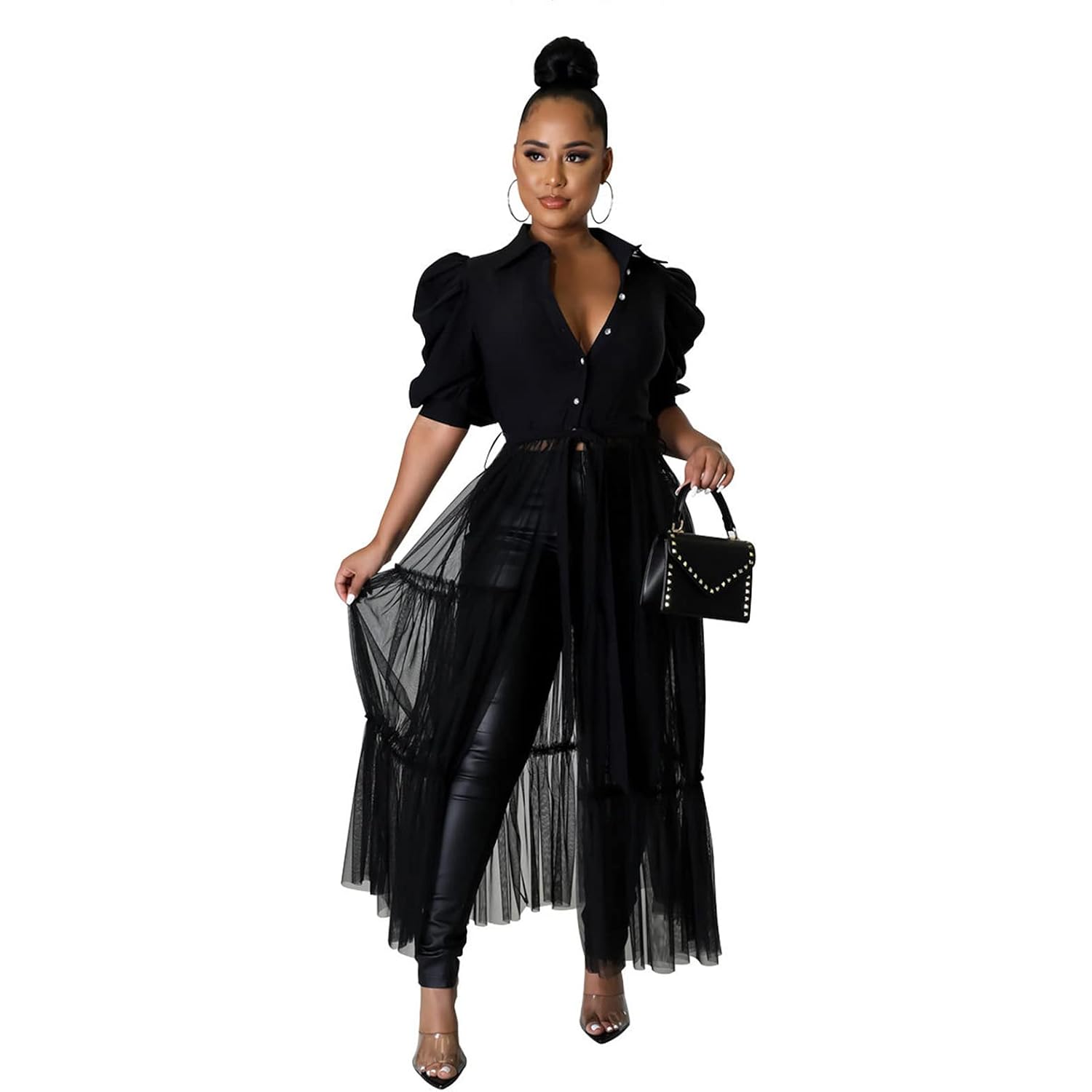 Ekaliy Women Sexy Short Sleeve Bodycon High Low Asymmetrical Ruffle Tunics Blouse Shirt Top Dress