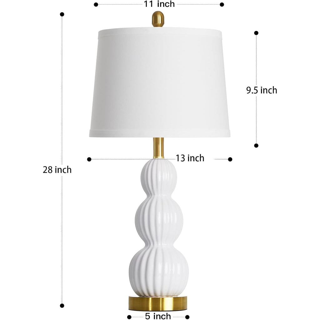28" White Ceramic Table Lamp For Nightstand, Modern Bedside Table Lamp For Bedroom, Triple Gourd Lamp For Living Room End Table (1 Pack)