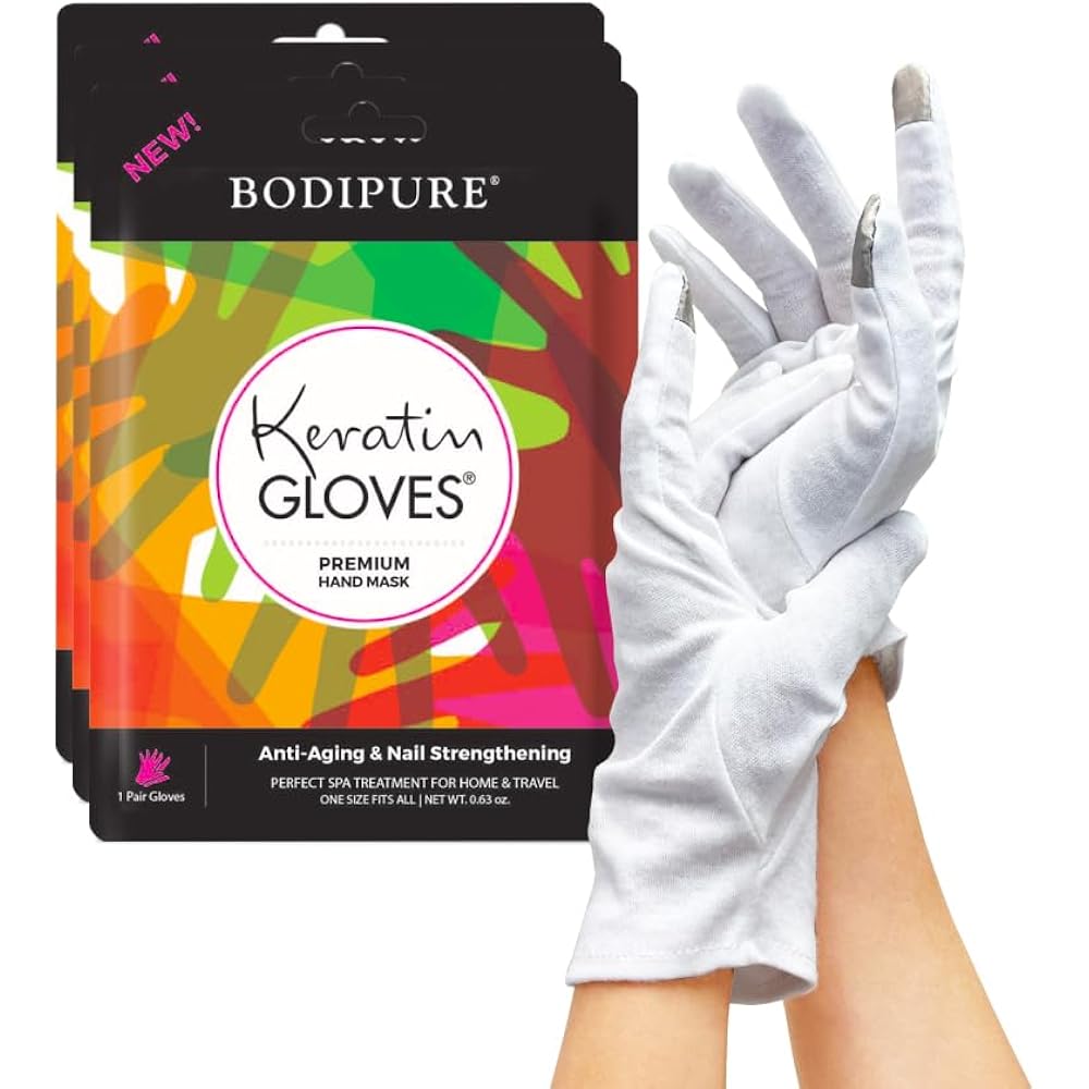 Bodipure Premium Hand Mask Keratin Gloves 3pk of Moisturizing Gloves for Dry Cracked Hands Plus Touchscreen White Cotton Gloves 1pk for Dry Hands to Fully Absorb The Cream.