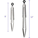 304 Stainless Steel Kitchen Cooking Tongs, 9" And 12" Set Of 2 Sturdy Grilling Barbeque Brushed Locking Food Tongs With Ergonomic Grip, Black