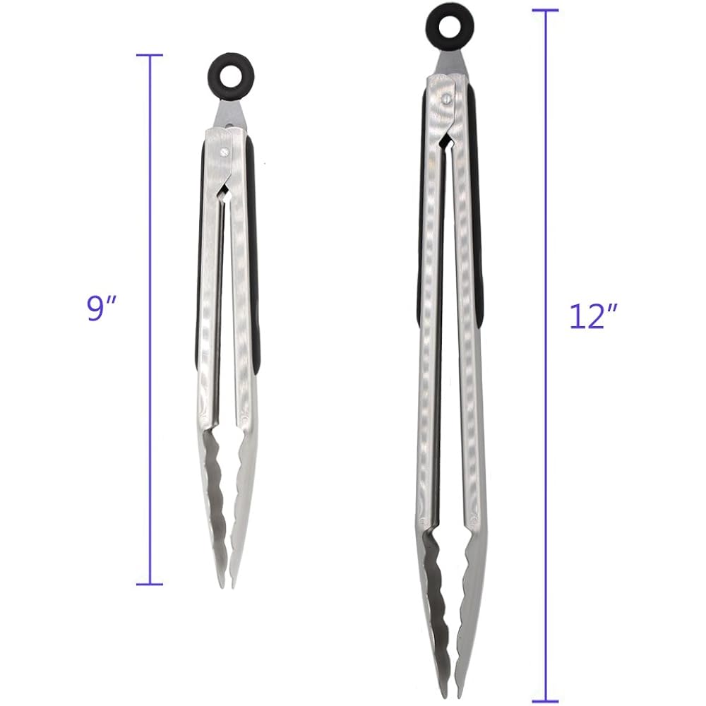 304 Stainless Steel Kitchen Cooking Tongs, 9" And 12" Set Of 2 Sturdy Grilling Barbeque Brushed Locking Food Tongs With Ergonomic Grip, Black