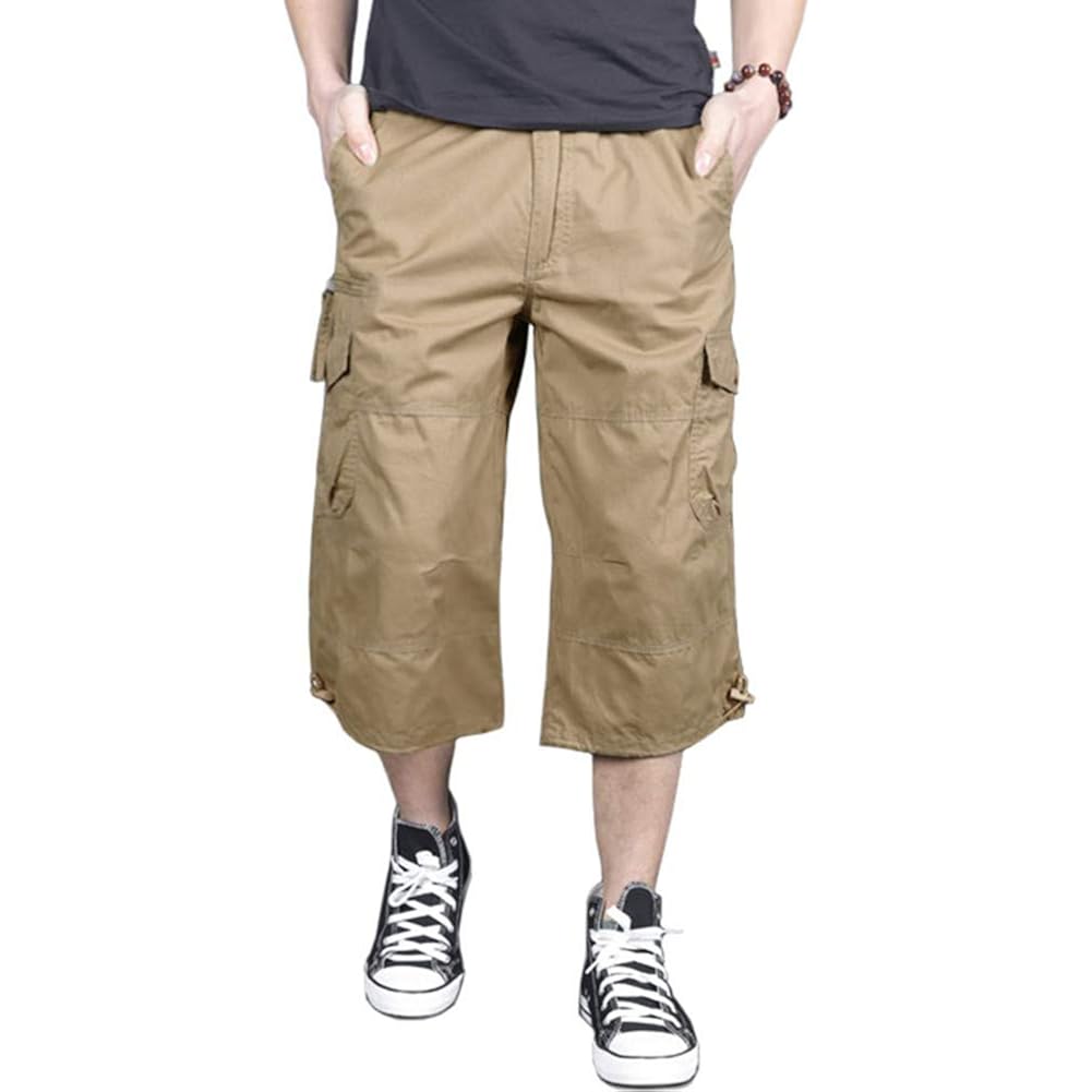 Magnivit Men'S Capri Long Elastic Cargo Shorts Below Knee Shorts 3/4 Cotton Cargo Casual Shorts With Multi-Pockets