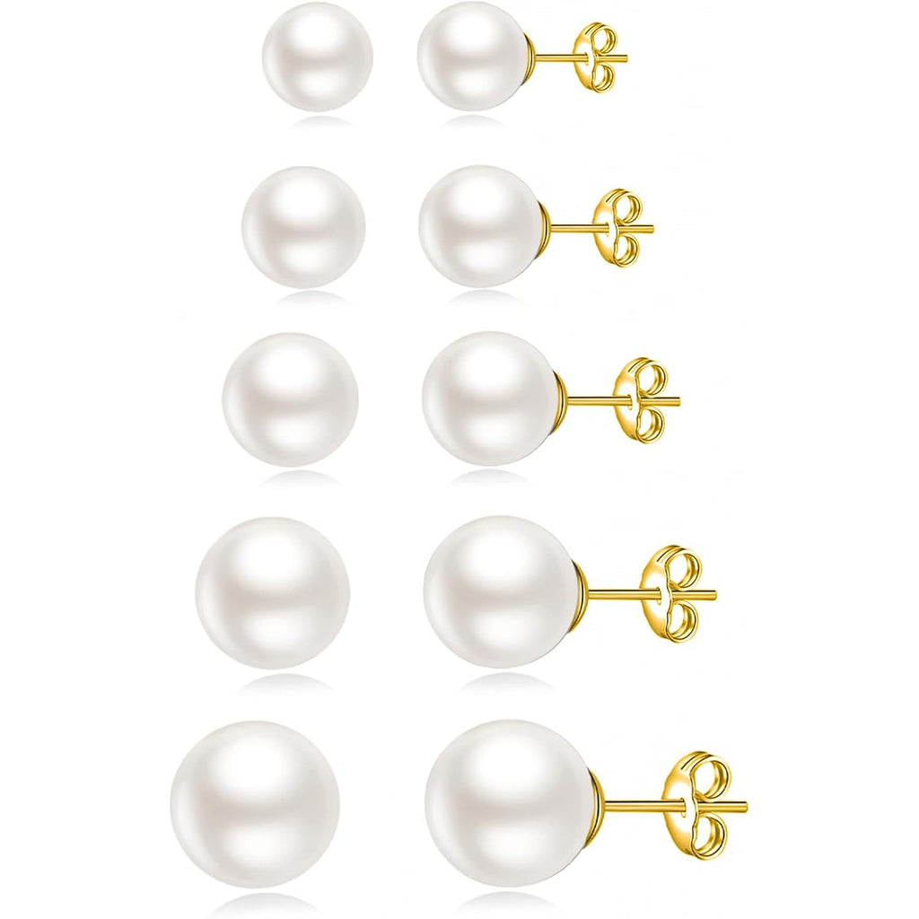 JINERA 5 Pairs Stud Earrings for Women 14K Plated Gold/Silver Pearl Ball Small Stud Earrings Set Cartilage Piercing Hypoallergenic Lightweight Flatback Earrings Jewelry Gifts for Women