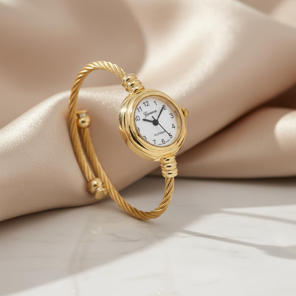 Collections Women's Cuff Watch - Round Analog Display Arabic Numbers 23mm Case Wire Bracelet Watch for Women Elegant Cable Cuff Bangle Wrist Watch