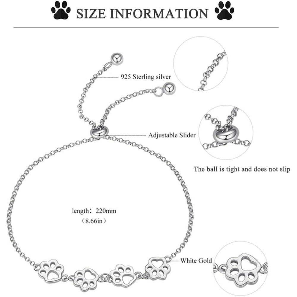 BISAER 925 Sterling Silver Paw Print Charm Bracelet for Women Cute Cat Dog Paw Bracelet Adjustable Slider Bracelet for Dog Pet Lover Jewelry Gifts