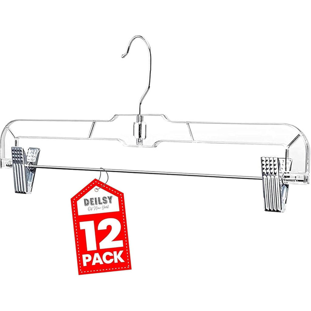 Deilsy™ Pants Hangers With Clips 12 Pack – 14 Inch Clear Plastic Skirt Hangers, 360° Swivel Hook, Clip Hangers For Pants, Skirts, Jeans, Shorts & Trousers – Space Saving, Non-Slip