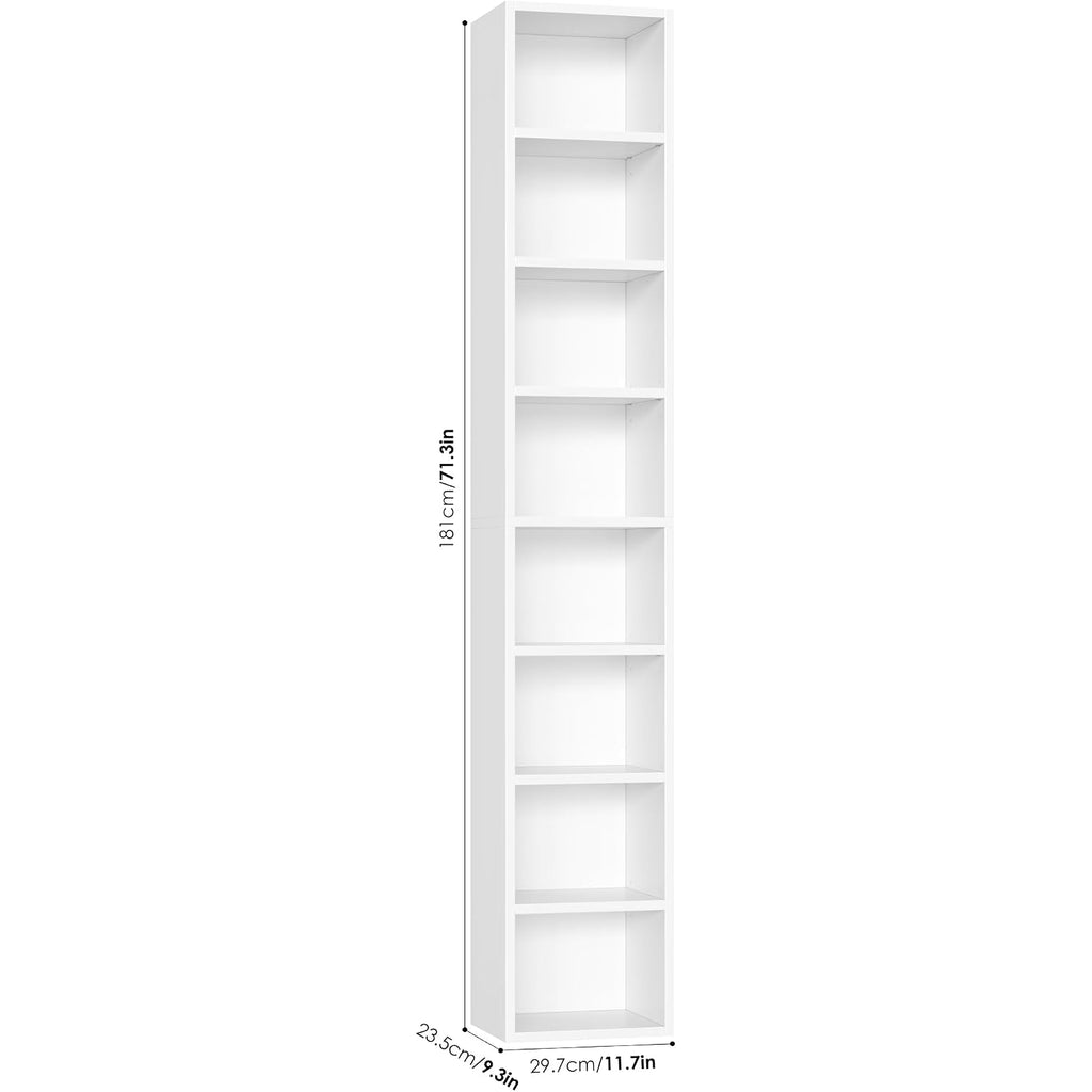 Fotosok White Bookshelf 8-Tier Narrow Bookshelf, 11.6 X 9.3 X 70.9 Tall Cd Dvd Media Tower Rack With 4 Adjustable Shelves, Tall Narrow Bookcase Slim Display Bookshelf With Cube Storage For Home Office