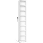 Fotosok White Bookshelf 8-Tier Narrow Bookshelf, 11.6 X 9.3 X 70.9 Tall Cd Dvd Media Tower Rack With 4 Adjustable Shelves, Tall Narrow Bookcase Slim Display Bookshelf With Cube Storage For Home Office