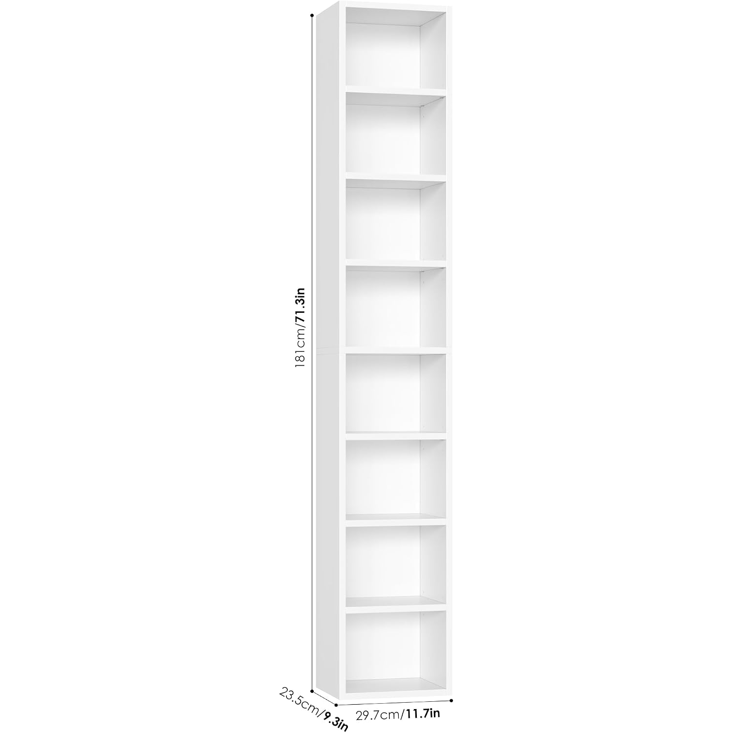 Fotosok White Bookshelf 8-Tier Narrow Bookshelf, 11.6 X 9.3 X 70.9 Tall Cd Dvd Media Tower Rack With 4 Adjustable Shelves, Tall Narrow Bookcase Slim Display Bookshelf With Cube Storage For Home Office