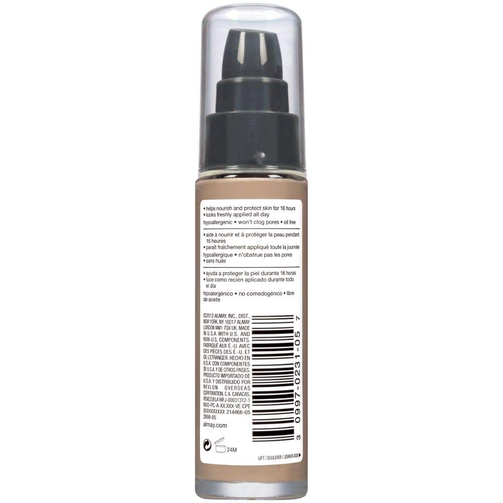Almay Liquid Foundation, Truly Lasting Color, Long Wearing Natural Finish, Vitamin E And Lemon Extract, Hypoallergenic, Cruelty-Free, Dermatologist Tested, 240 Beige, 1 Fl Oz